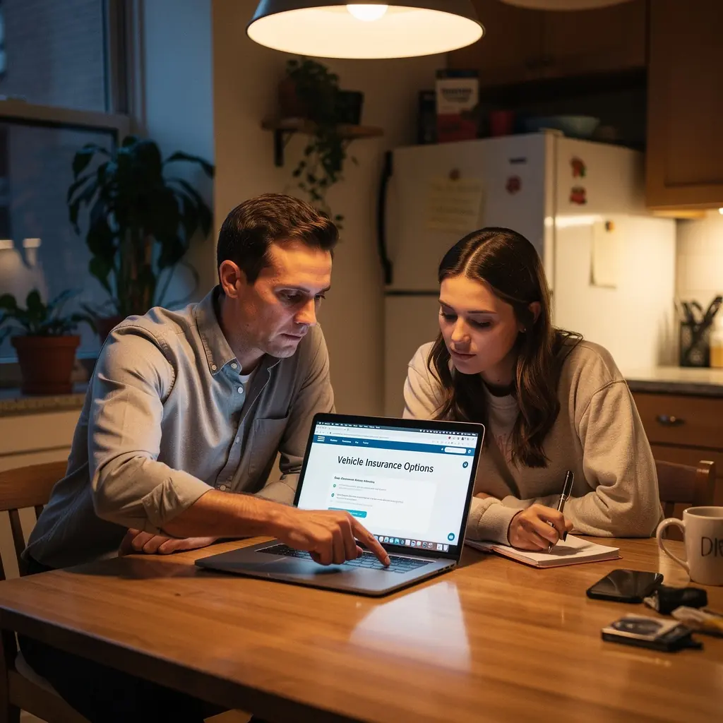 Иллюстрация автомобиля с защитными знаками, символизирующими страхование и безопасность.